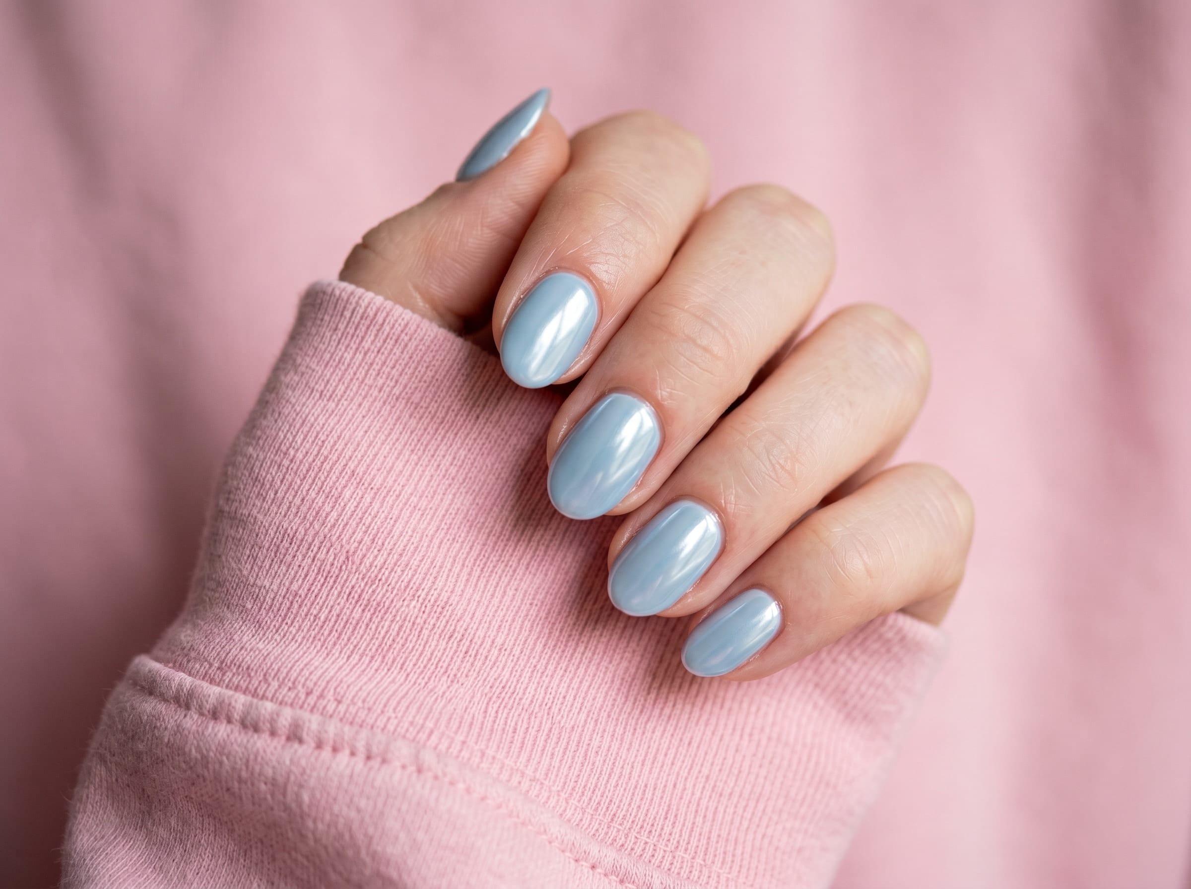 Almond-shape baby-blue chrome nails on a fair hand emerging from a pink knit sweater sleeve.