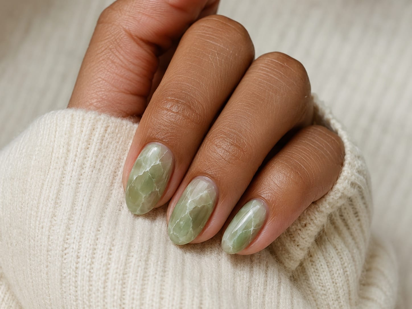Almond sage-green stained-glass marbled nails on a dark-skinned hand against a cream knit sweater.