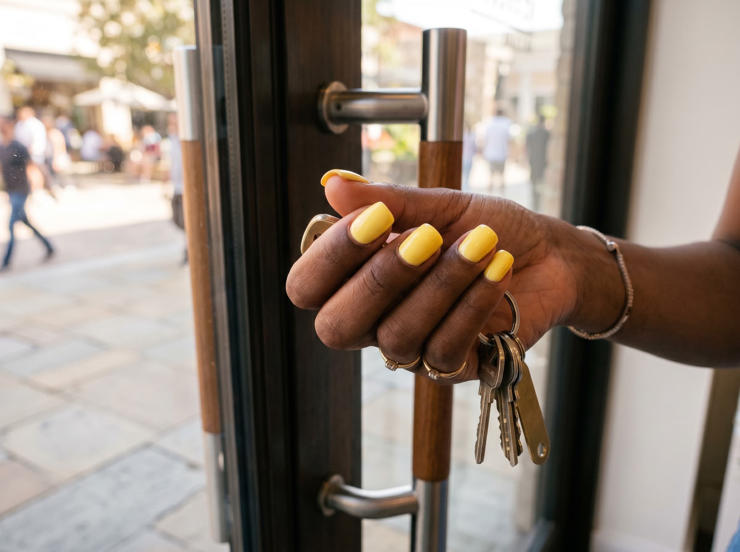 Dark-skinned hand with butter-yellow square nails on a wood salon door handle, holding keys outdoors.