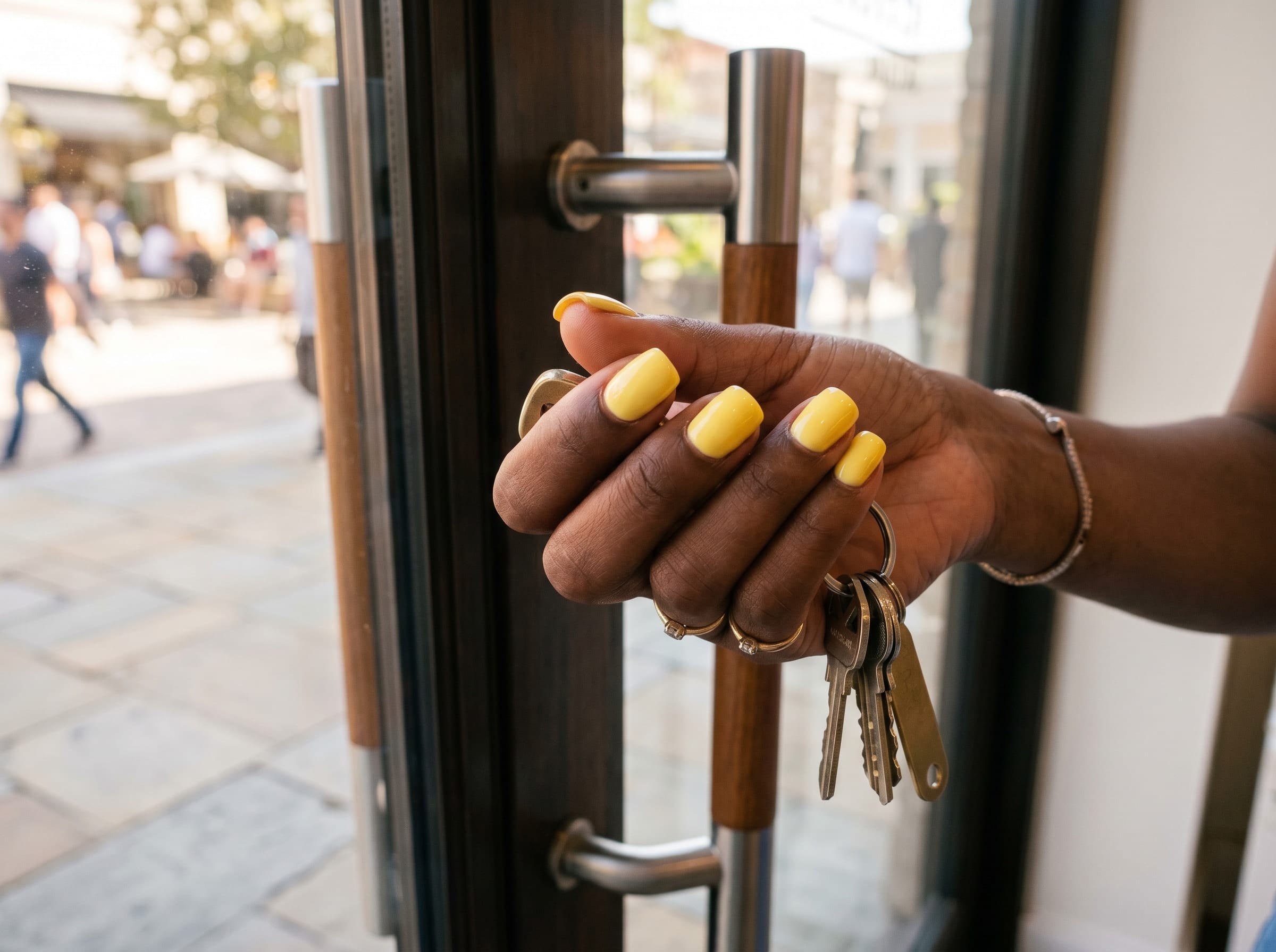 Dark-skinned hand with butter-yellow square nails on a wood salon door handle, holding keys outdoors.