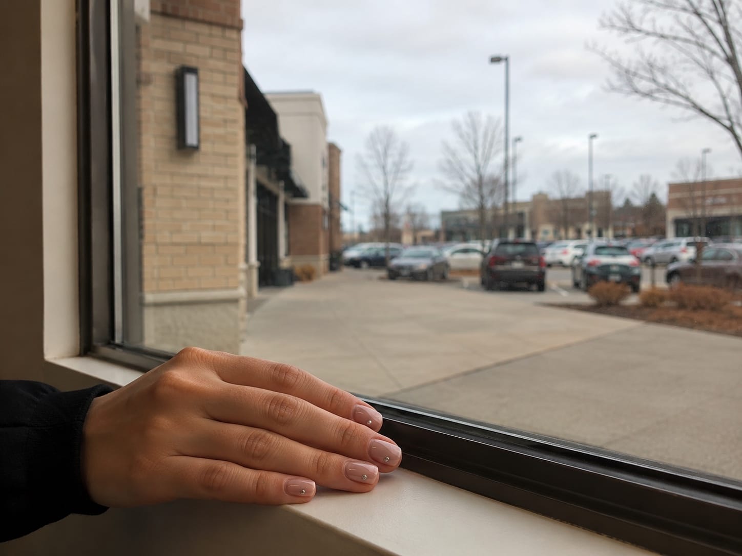 Hand with a soft French manicure resting on a window sill overlooking a parking lot and brick storefront.