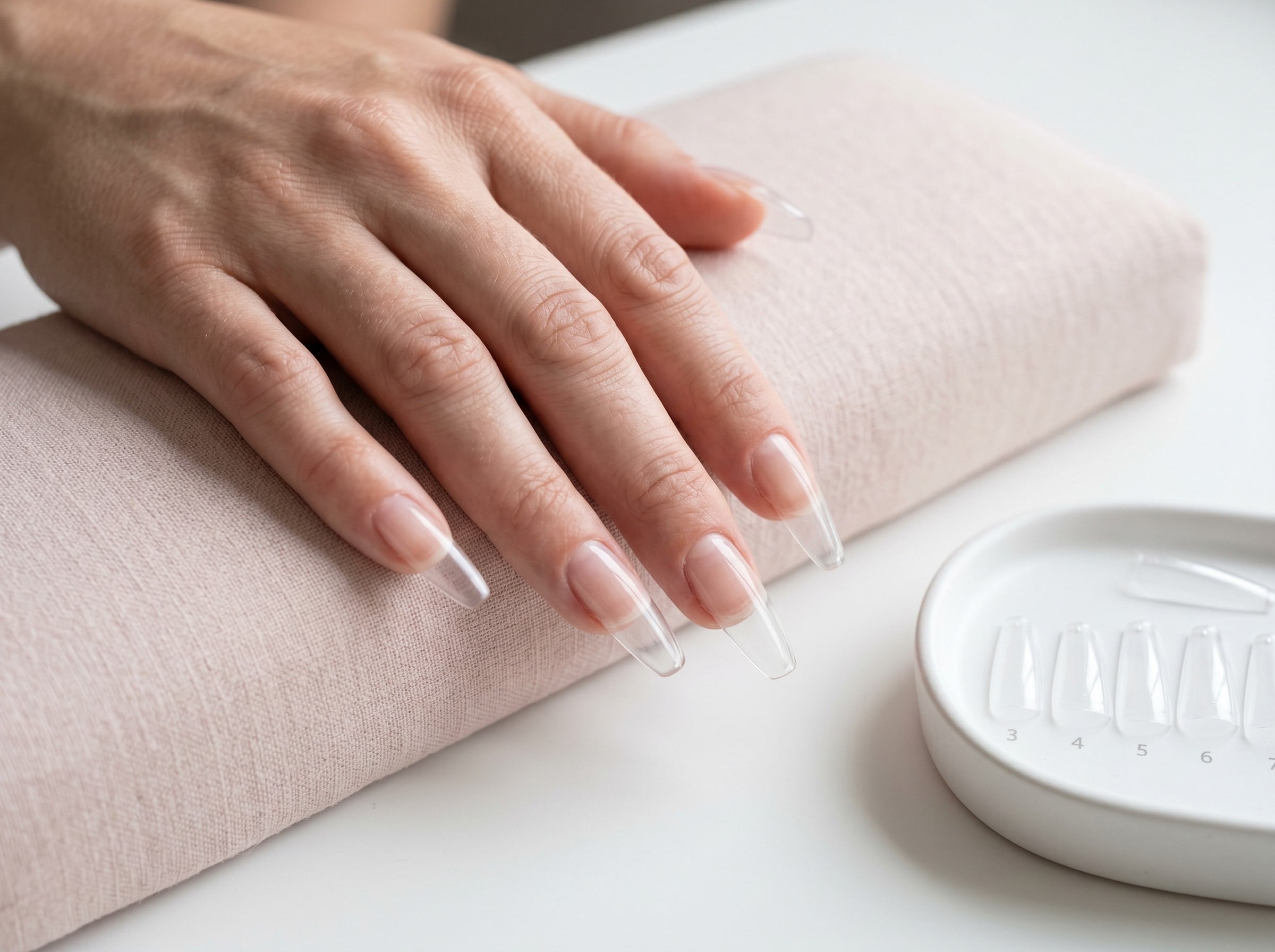 Long clear Gel-X coffin extensions on a bare hand with a sizing tray of unused tips beside a pink cushion.