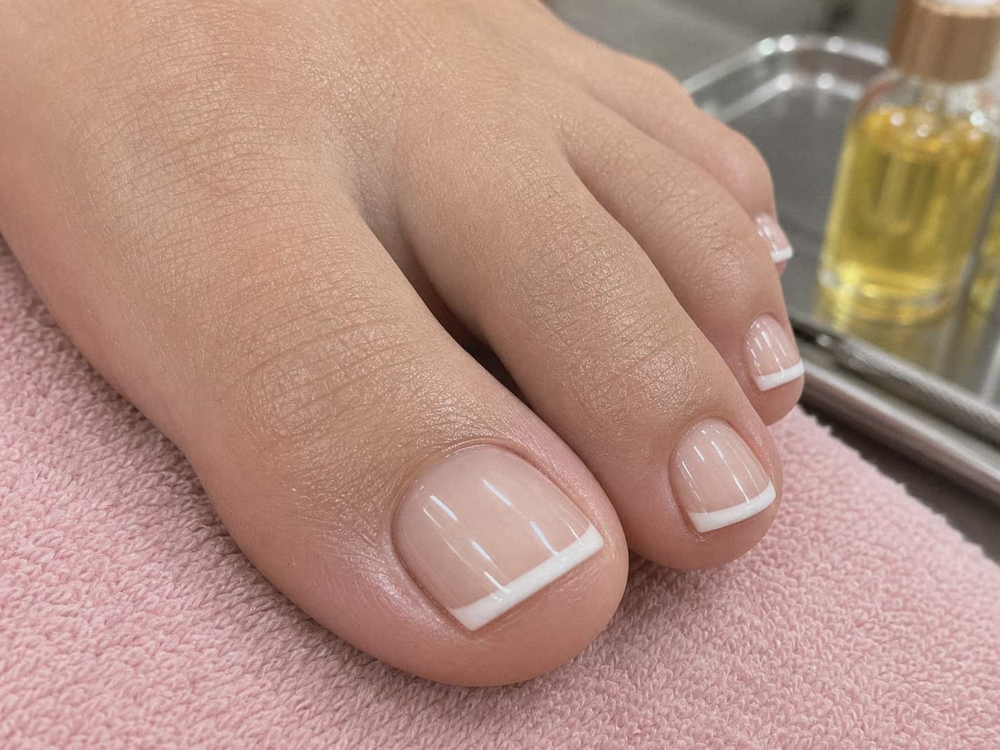 Tight close-up of a fresh French gel pedicure with sheer nude base, thin white tips, and clean glossy edges.