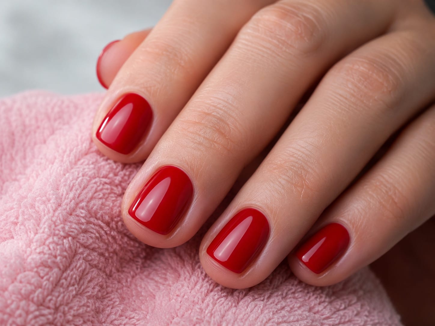 Glossy classic red gel manicure on short rounded nails resting on a pink fluffy towel.