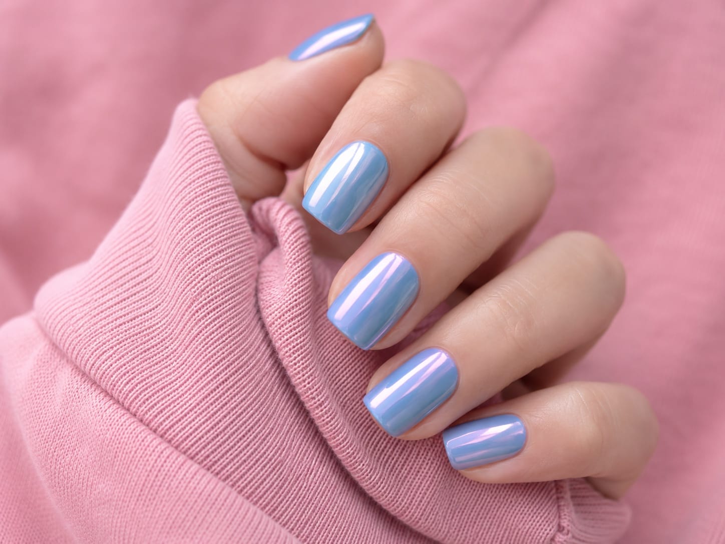 Squoval baby-blue chrome nails with pearly shimmer against a pink cotton sweater sleeve.