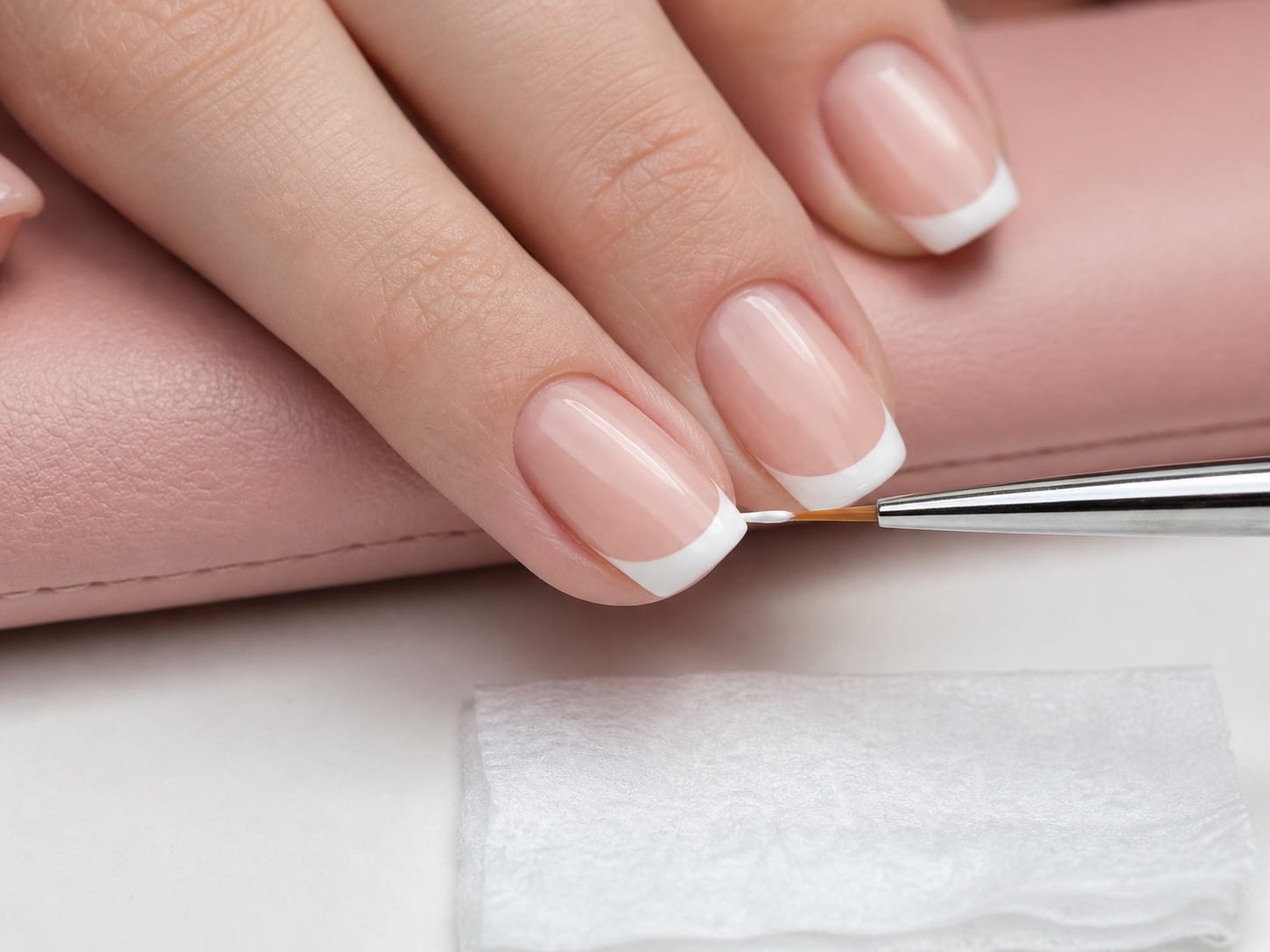 Tech brushing white French tips onto short natural nails on a pink cushion, tutorial closeup.